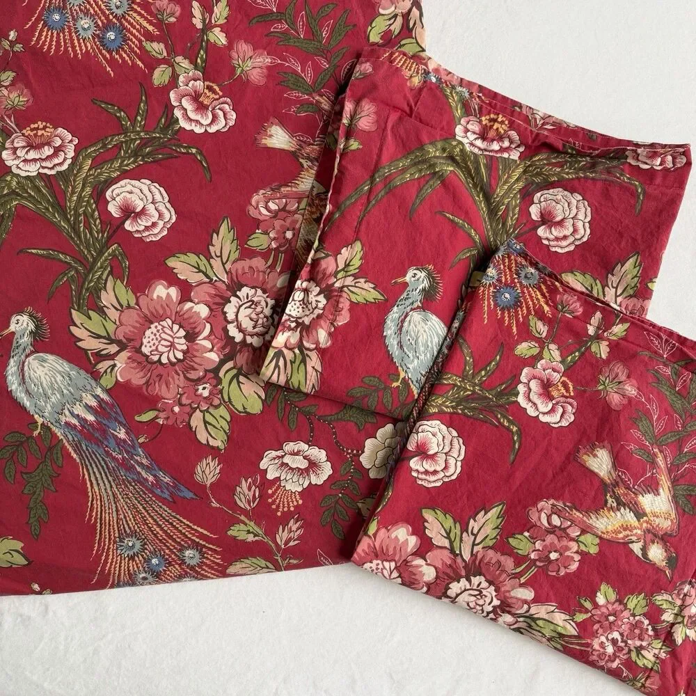 Pottery Barn Red Floral Bird Peacock KING Duvet W 2 Euro Shams Cotton